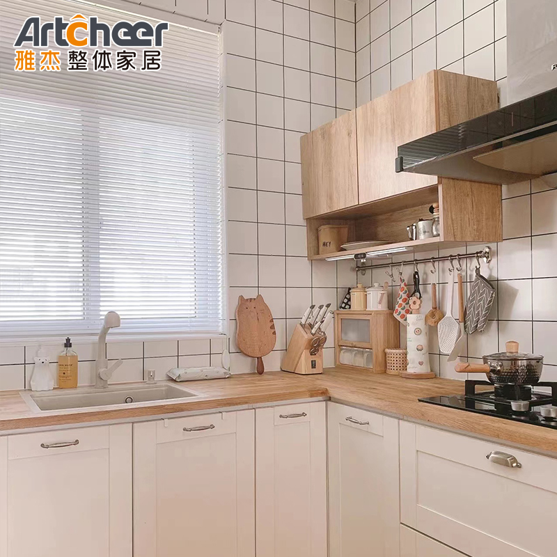 E0 Modular Kitchen Cabinets 2022 Solid Wooden Top Trends with Stainless Steel Countertop