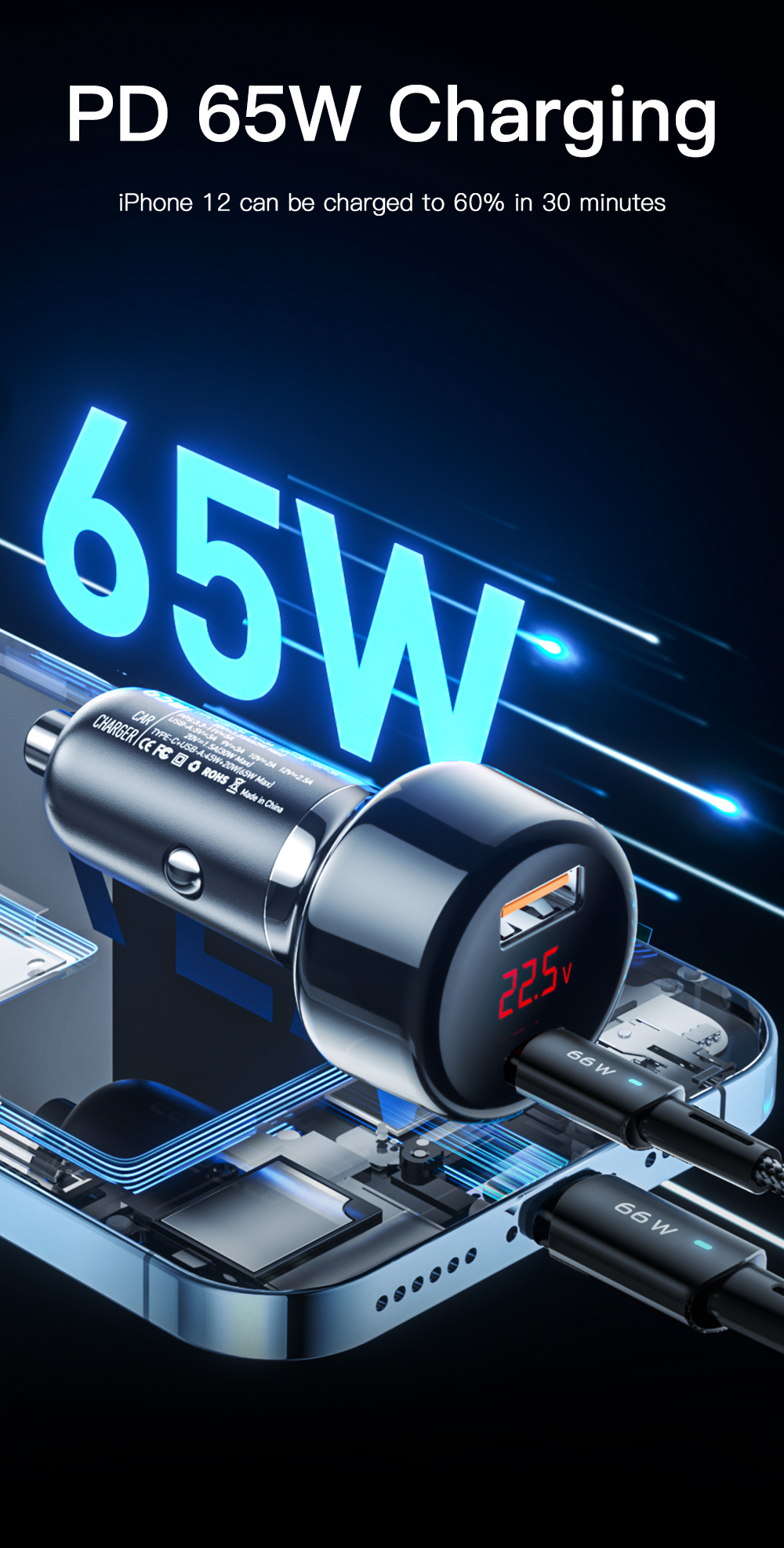 Digital Display USB A USB C Car Chargers OTP 65W Black Blue Color