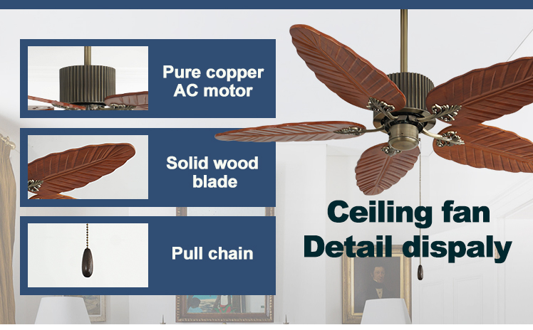 1stshine Ceiling Fan Household with Solid Wood Blades and 3 Speed Pull Chain Control