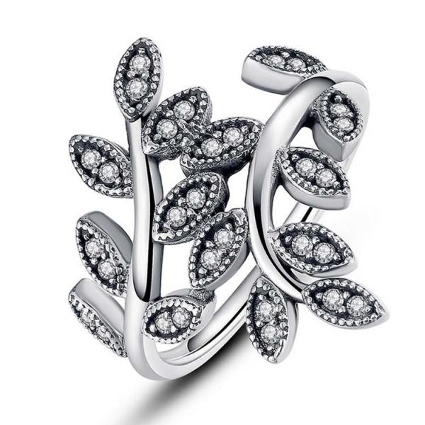 Sterling Silver Pave Clear Cubic Zircon Leaves Band Ring Vintage Style Jewelry