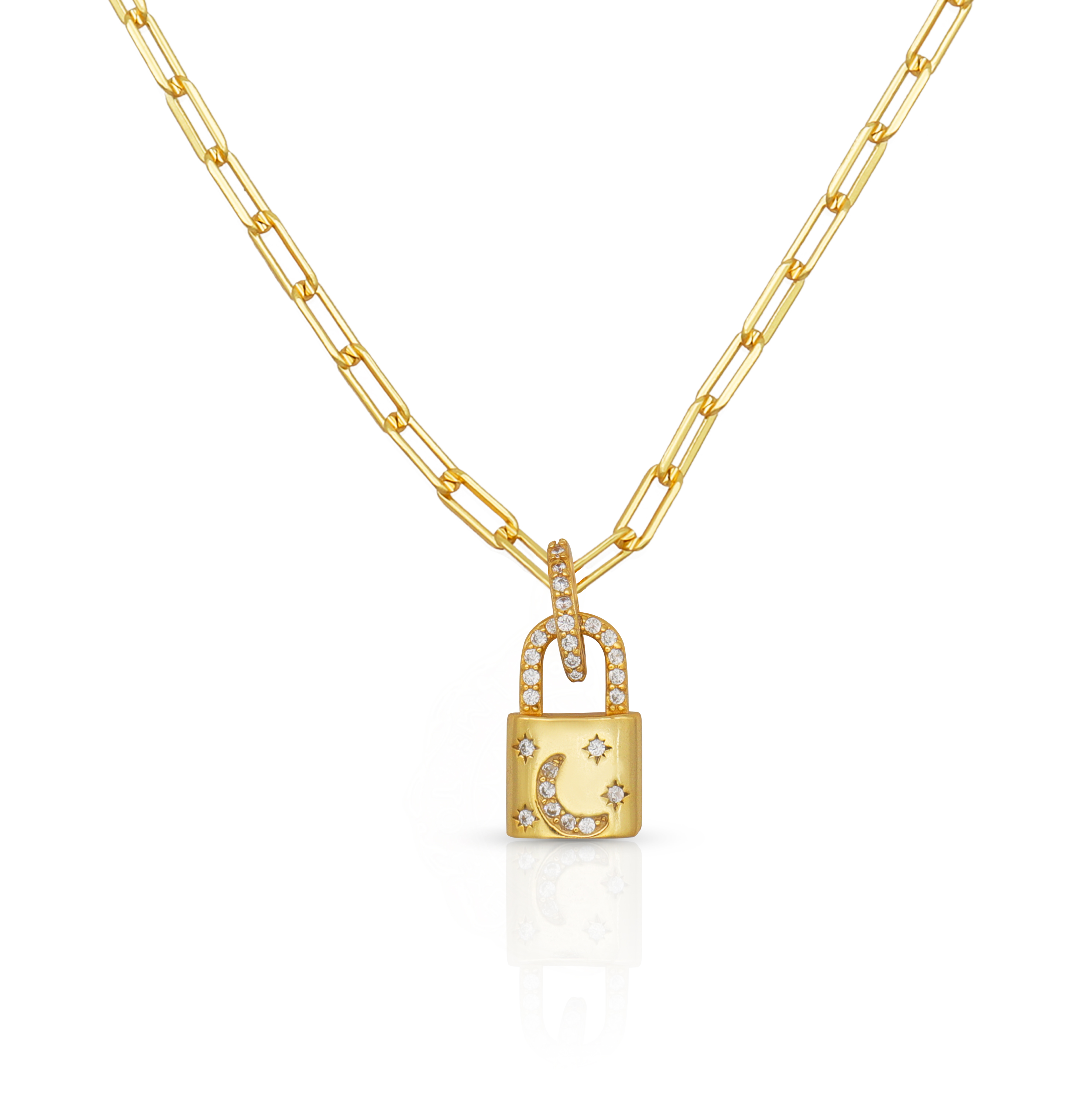 18K Gold Locket Pendant Pave White CZ Link Chain Necklace For Engagement