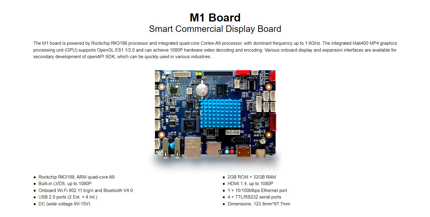 M1 Smart Commercial Display Board USB 2.0 ports (2 Ext. + 4 Int.) Push-push type TF card slot (32GB Max)