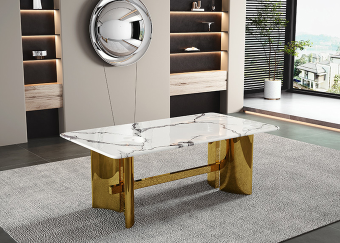 Light Luxury Stainless Steel Marble Dining Table Set Non-Folding