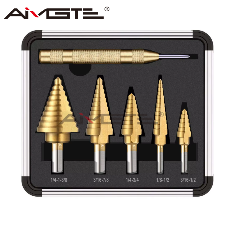 China 5PCS HSS Titanium Coated Step Drill Bits High-Speed Steel Drilling Set Automatic Center Punch Multiple Sizes for Metal and Wood on sale