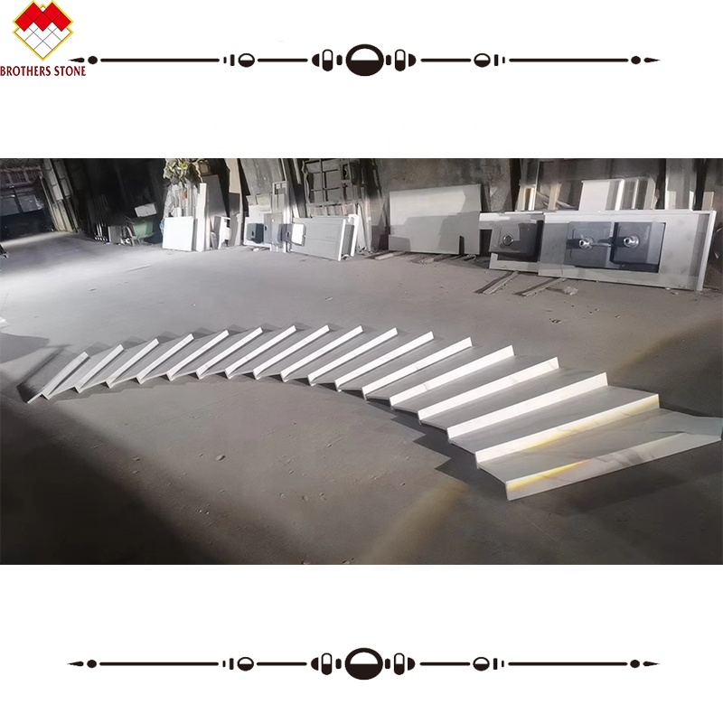 Indoor Stairs Made of Artificial Stone with Calacatta Pattern and LED Lighting Cover