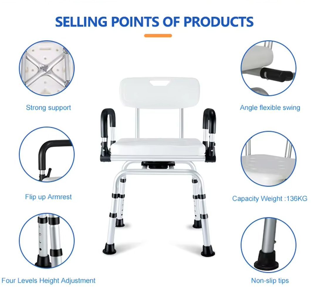 Adjustable Height with Removable Back 360 Degree Rotary Shower Chair with Armrests and Back