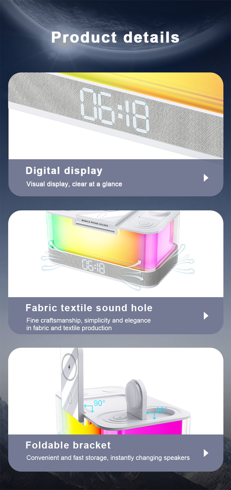 Colorful Lights Wireless Charger for iPhone iWatch and AirPods with Bluetooth Speaker
