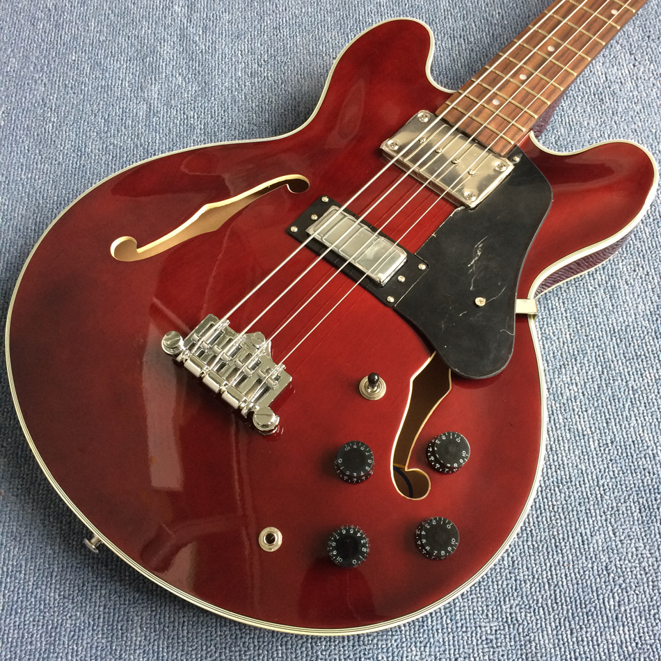 New style high-quality hollow body electric guitar 4 string bass, Double F holes, Wine red body,Free shipping