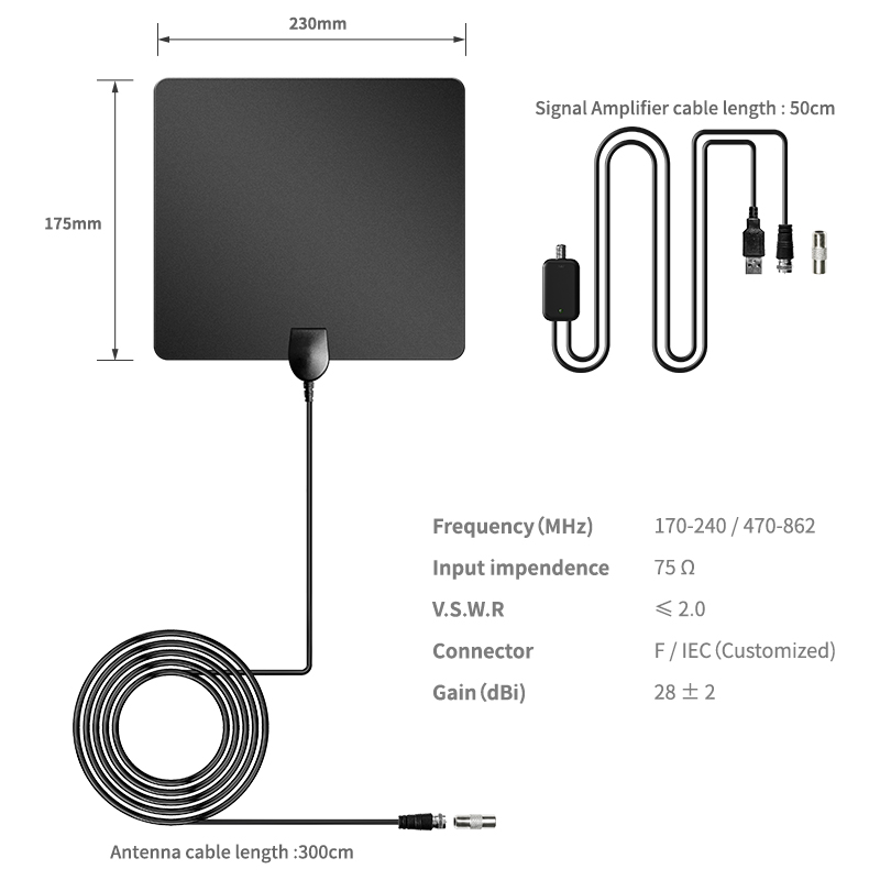 High Frequency Indoor DVB T2 HDTV Digital TV Antenna for VHF 174-240MHz/UHF 470-862MHz