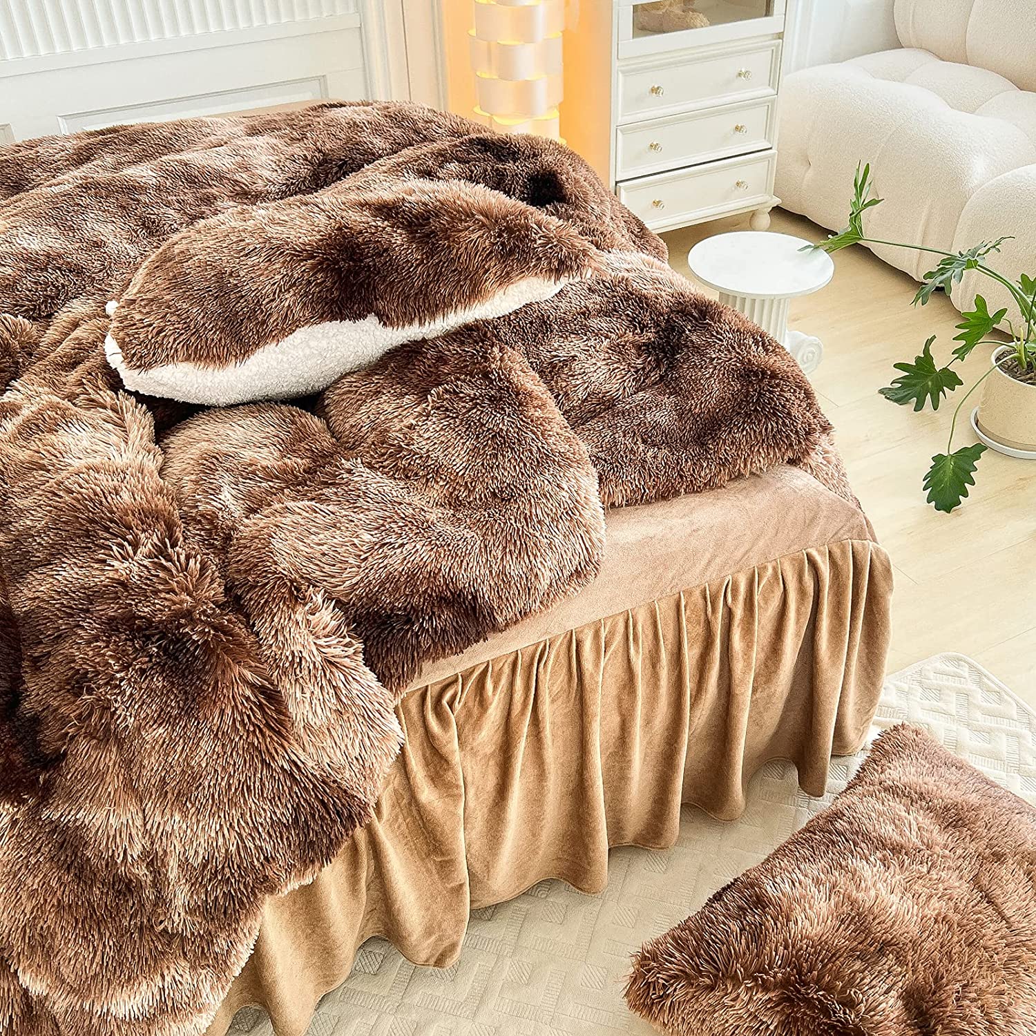 200TC Thread Count Bedding Set Faux Fur Duvet Mink Rainbow Plush Fluffy Luxury Fitted Sheets Set