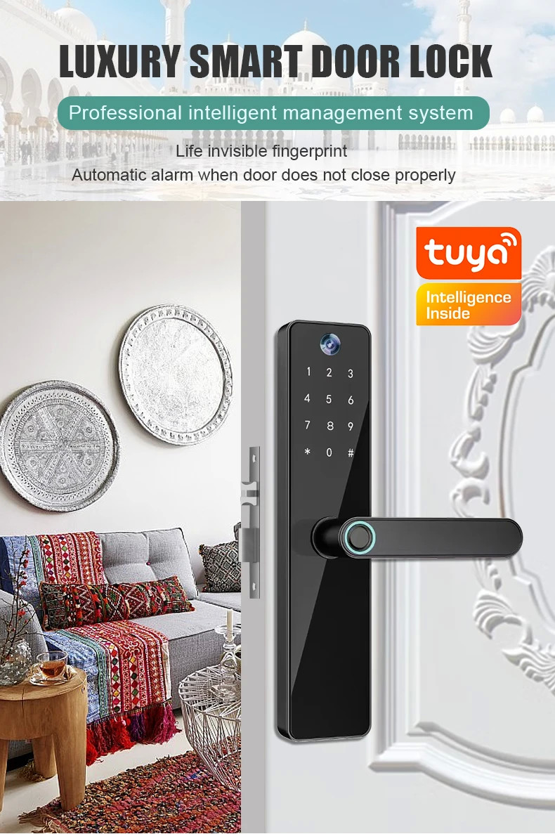 Peephole Camera Smart Front Door Locks TH-505 Black Biometric Code Card Key Tuya Unlock