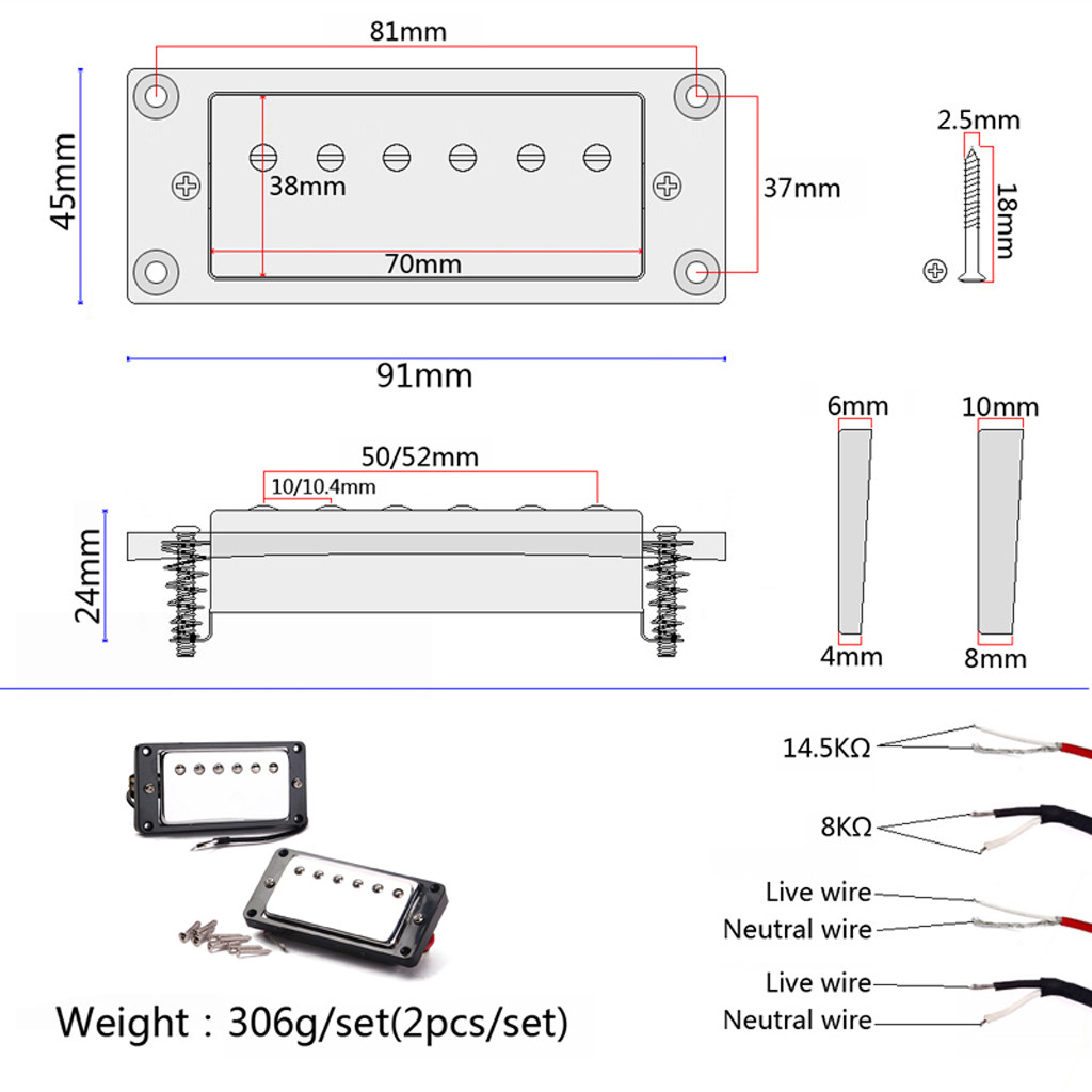 Double Coil Pickup Humbucker LP Electric Guitar Neck 8k & Bridge 14.5k Metal with screws