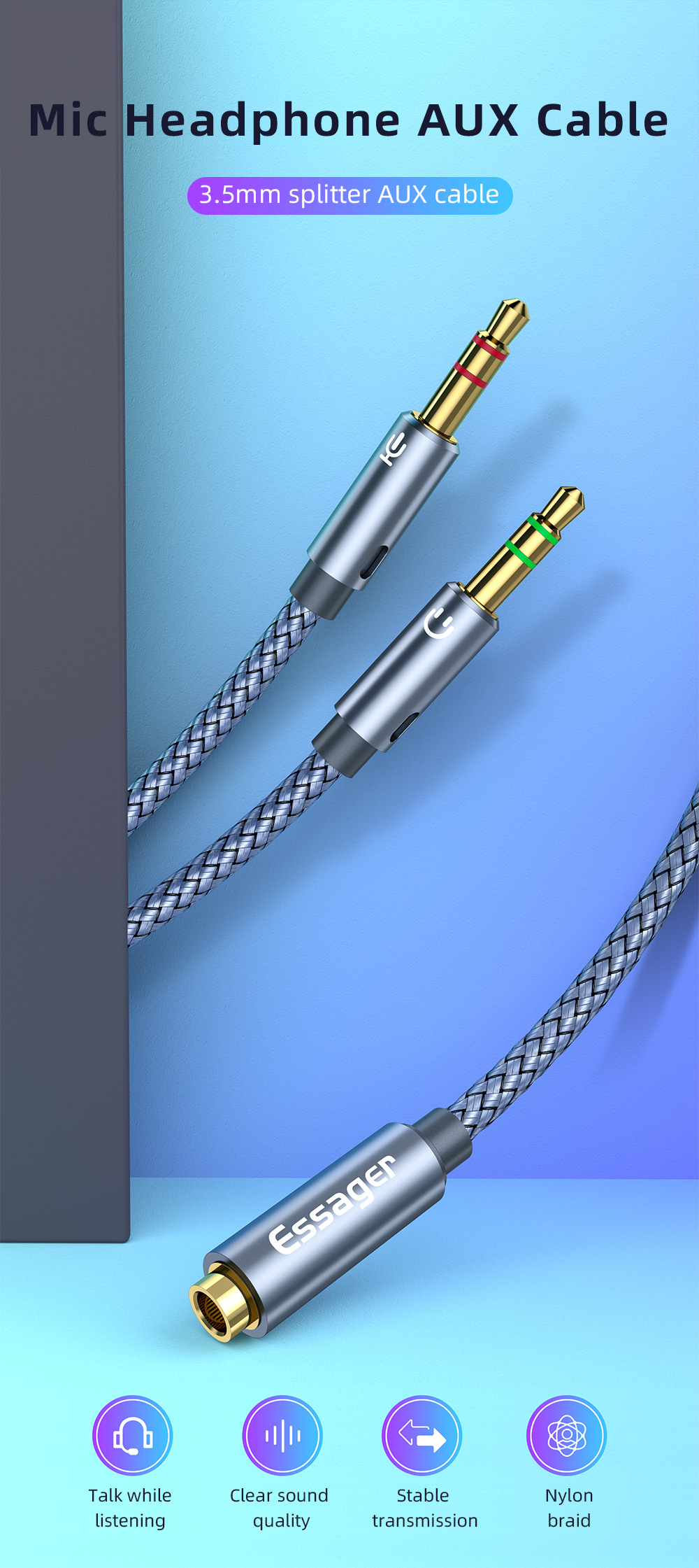 2 In 1 3.5MM Audio Cables Supporting Headphone Microphone Speaker