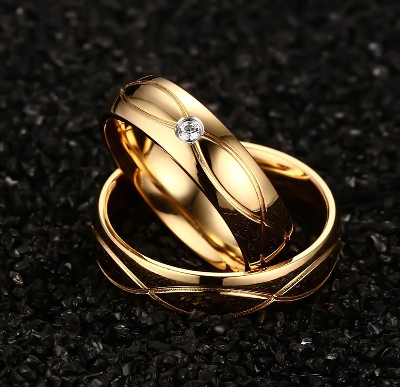 Channel Setting Stainless Steel Promise Rings Gold Filled White CZ For Couples Wedding Engagement
