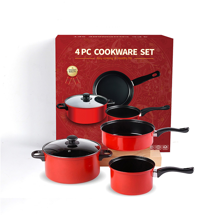 Multifunction Red 4 Pcs Kitchen Cast Iron Cookware Set Non Stick With Bakelite Handle