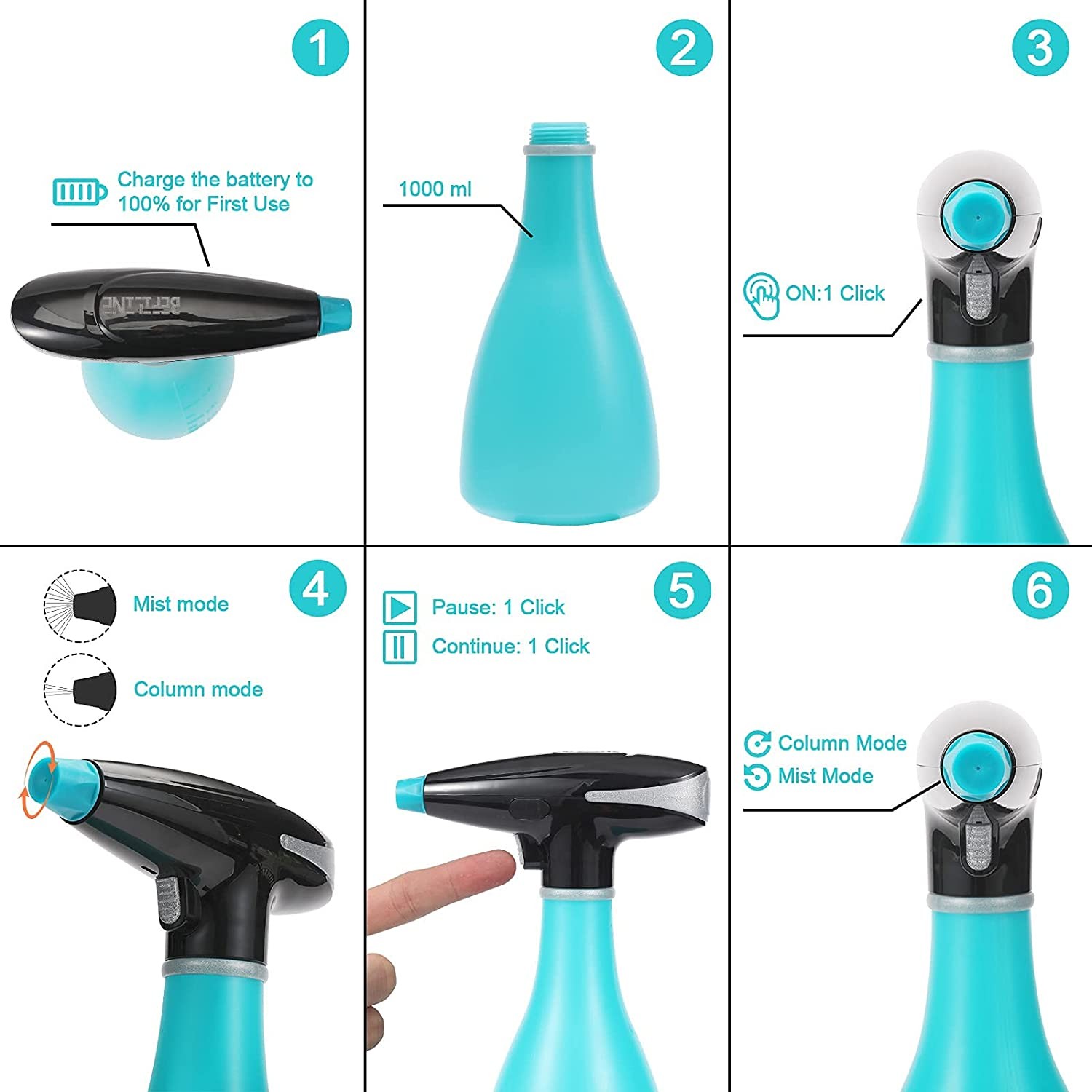Outdoor PP Automatic Garden Sprayer 1000ML Electric Handheld