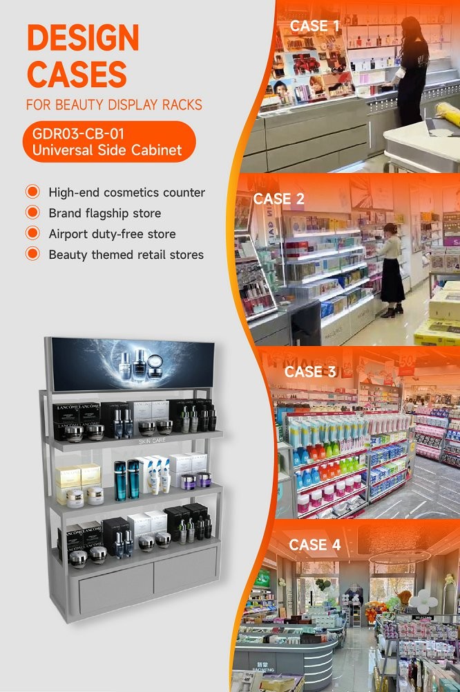 GDR03-CB-01 Universal Side Cabinet with Soft Film Light Box and Black Aluminum Price Tag Holder for Specialty Beauty Stores