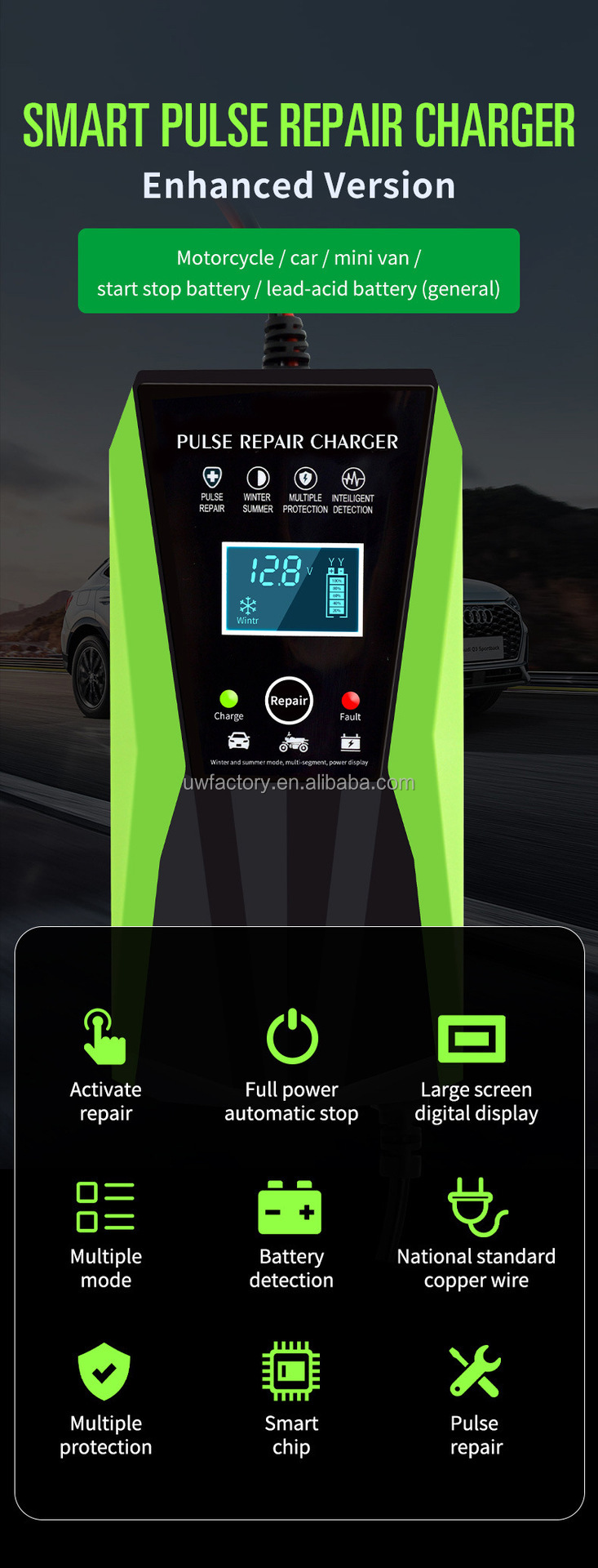 Automatic Identification 12V6V 8A 10A 12A Lead-Acid Battery Charger with Multi- and PC Fireproof Material