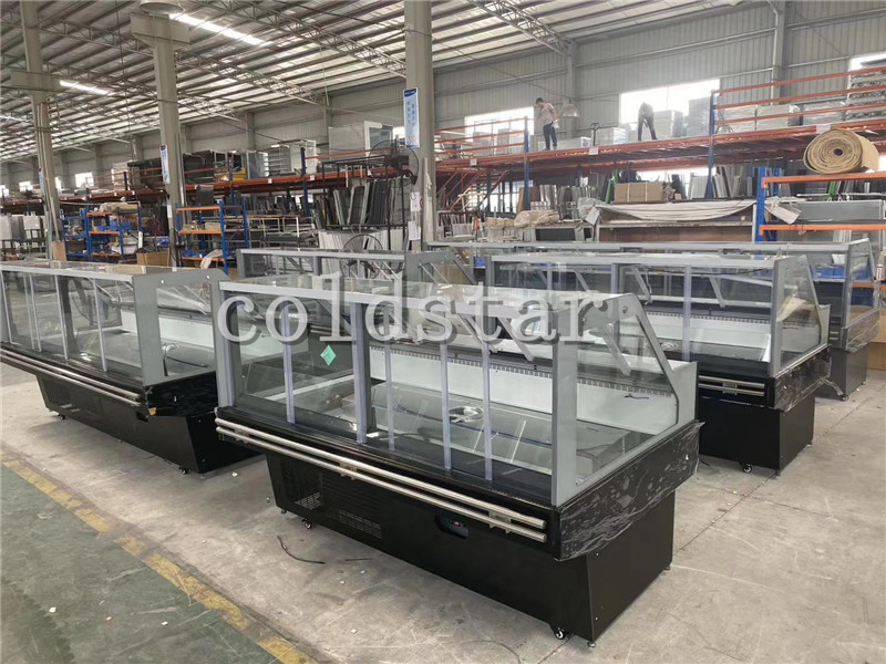 Commercial butcher showcase refrigerator Right angle glass cooked food display chiller
