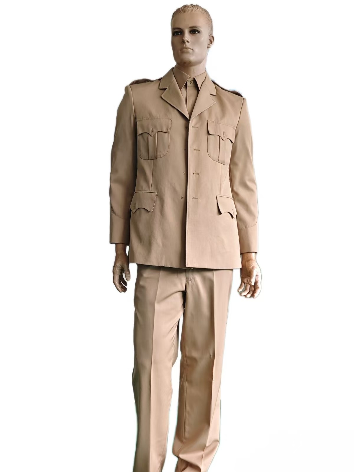 Premium Military Dress Uniform Set in Khaki Jacket + Long Sleeve Shirt + Straight Leg Trousers 45% Wool Blend