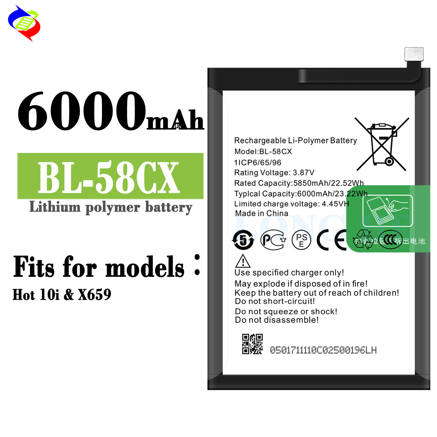 High Capacity 6000mAh BL-58CX Battery for Infinix X659 Black Design and Long Lasting