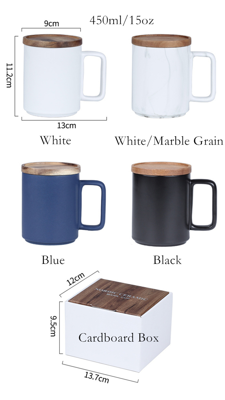 Custom Large 15oz Nordic Matte Black White Ceramic Coffee Mug with Wooden Lid Gift Box