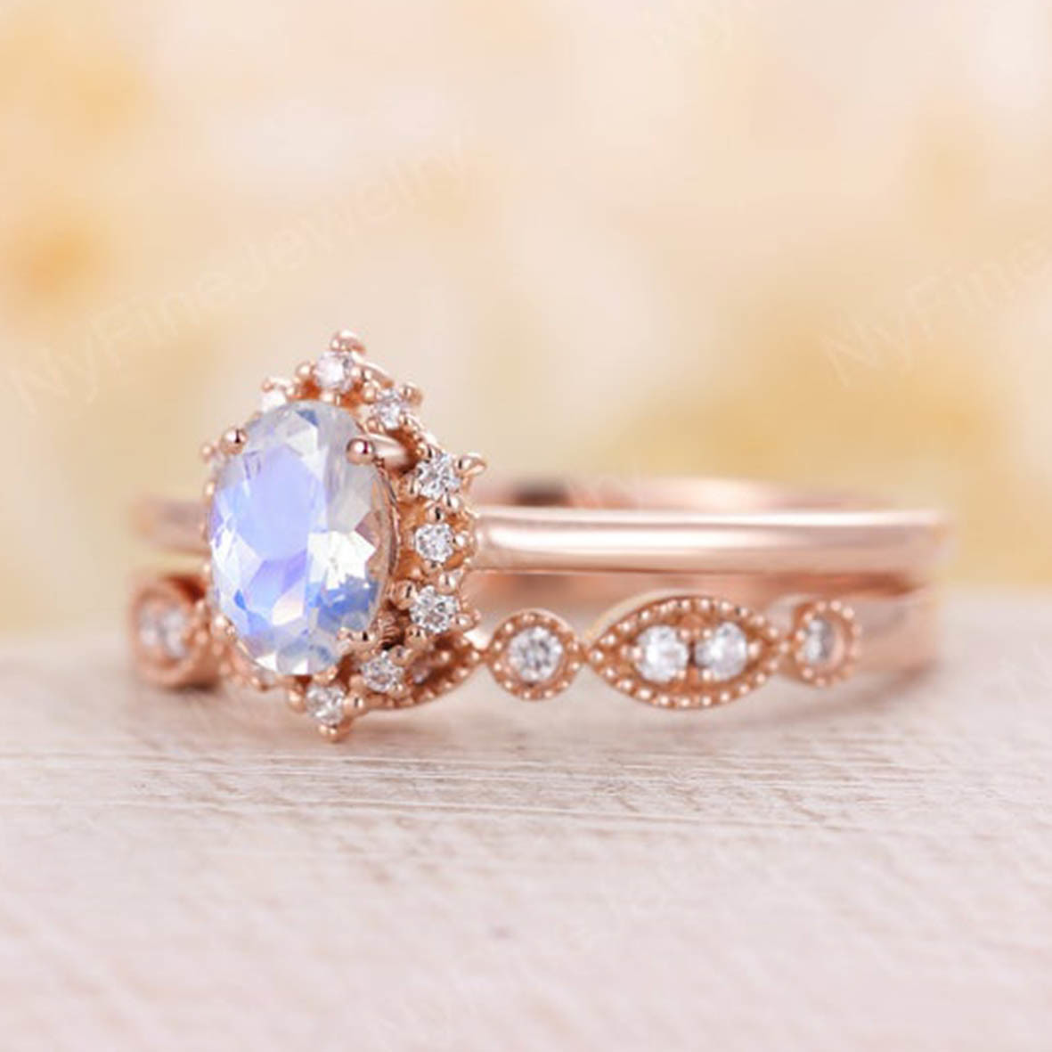 Blue Natural Moonstone Ring Set , 14K Rose Gold Moonstone Stacking Rings