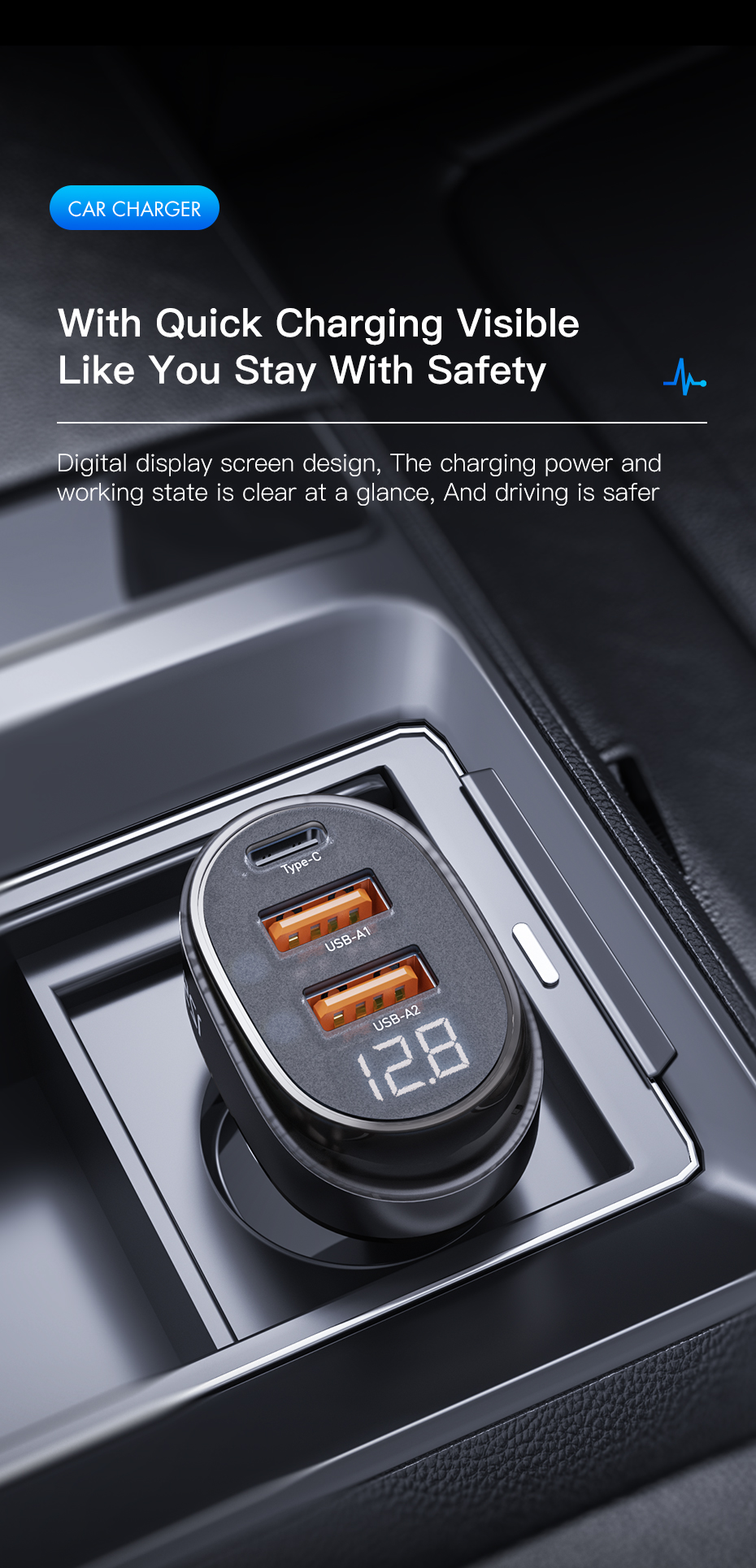 Essager 2022 Transparent Official Store Digital Display 125W Fast Car Charging 2 USB 1 Type C Port Car Charger