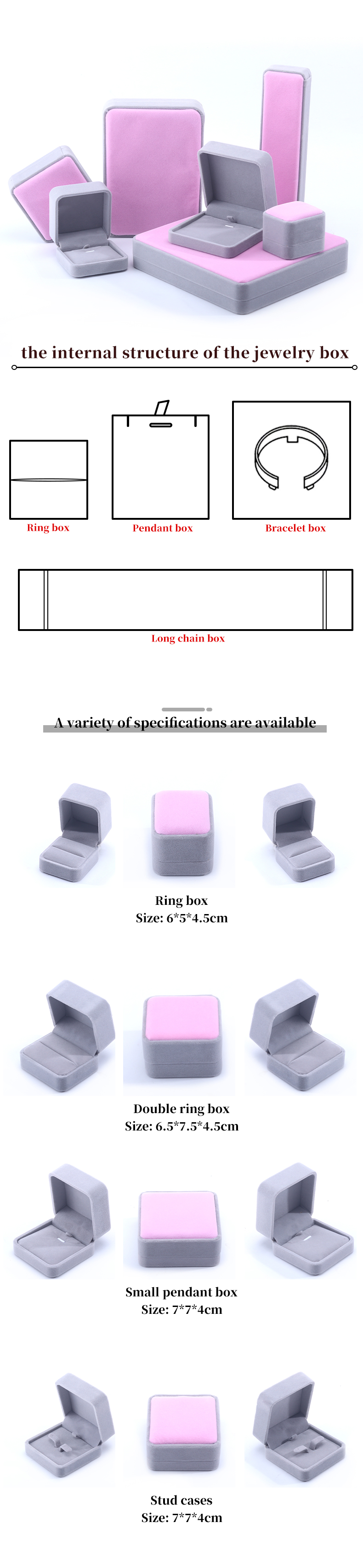 Custom Grade Velvet Jewelry Packaging Box for Necklace Stud Earrings Bracelet and Ring