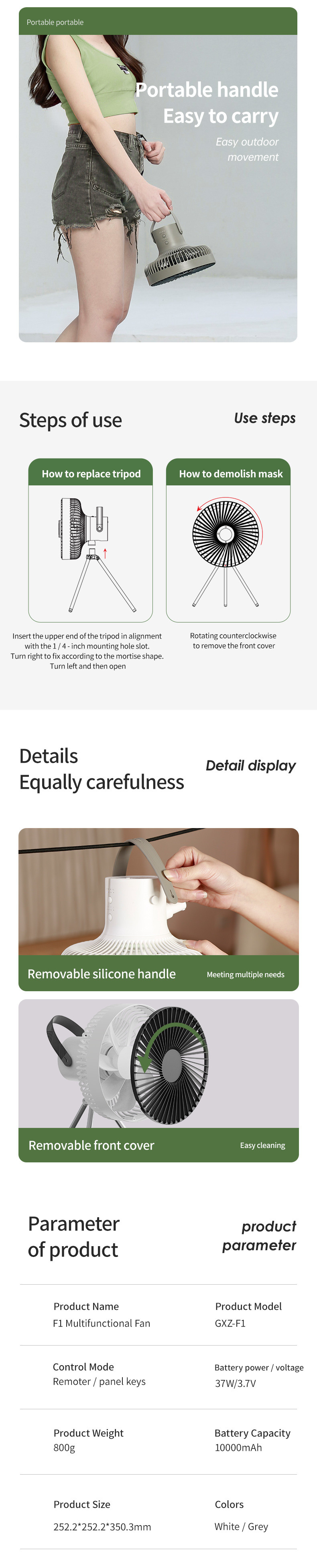 Tripod Battery Operated Pedestal Fan Rechargeable 10000mAh Bedroom Camping