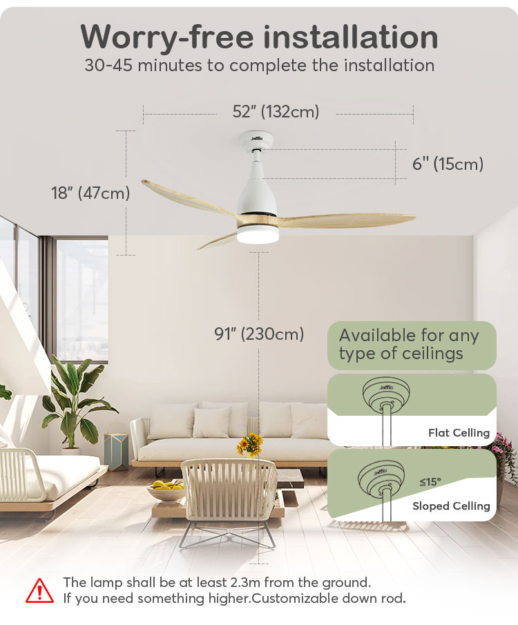 Wooden LED Ceiling Fan with Remote Control 3 Speeds Adjustable and Pure Copper AC Motor