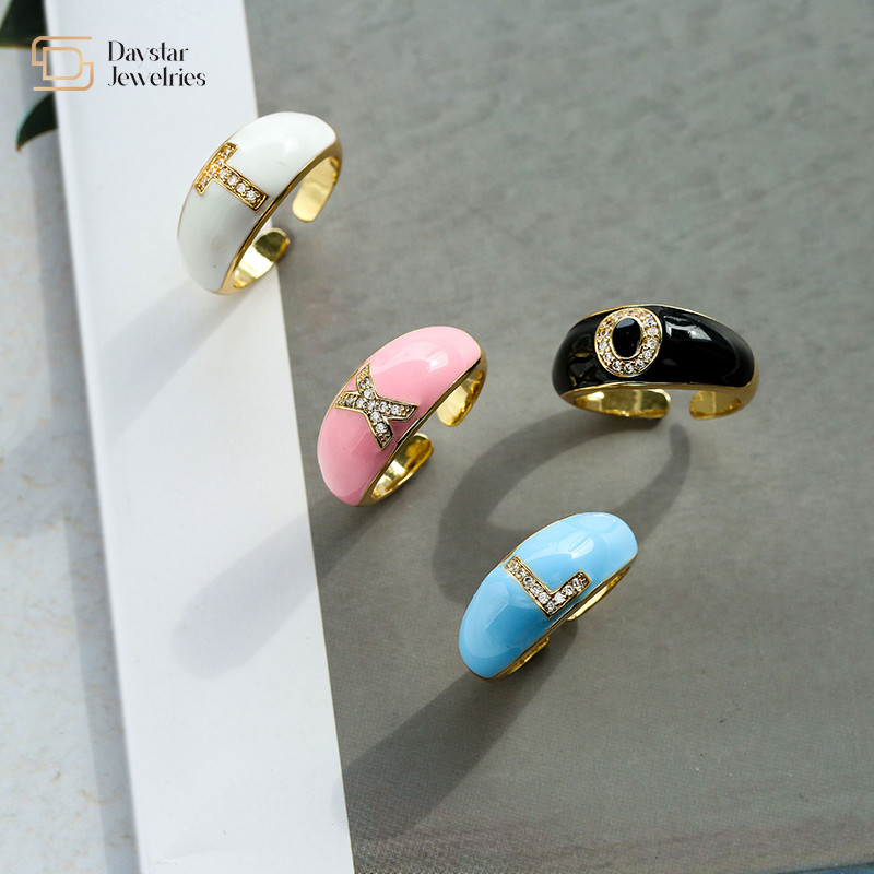 Colorful Enamel Diamond Letter Rings , Alphabet Zircon Gold Plated Chunky Rings