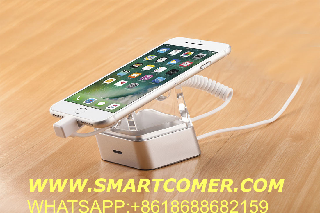 COMER alarm mobile phone acrylic display stands for retail stores with usb type c charging cable