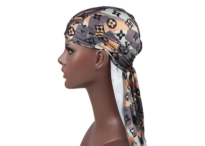 Grey Camo LV Silk Silky Satin Designer Durag Supplier Bulk Wholesale