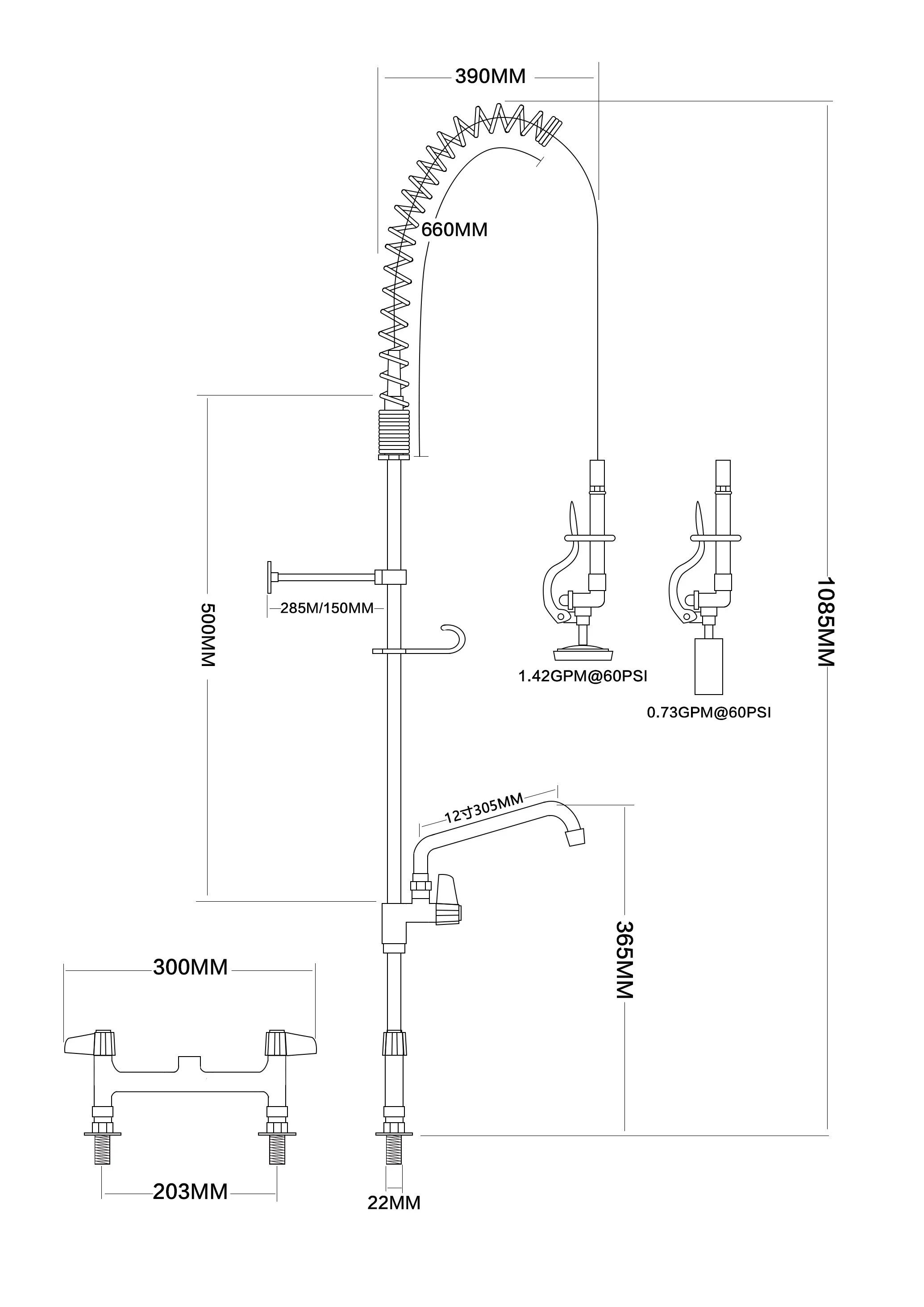 Flexible Pre Rinse Sink Mixer Deck Mount Commercial Sink Sprayer