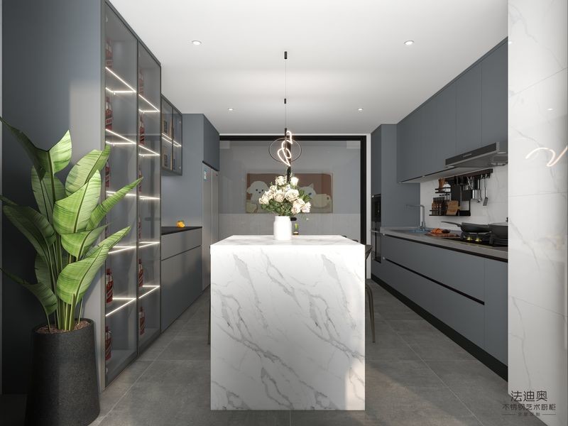 Fadior Gray-Blue Stainless Steel Double Linear Kitchen Cabinets With Wine Storage And Multifunctional Island