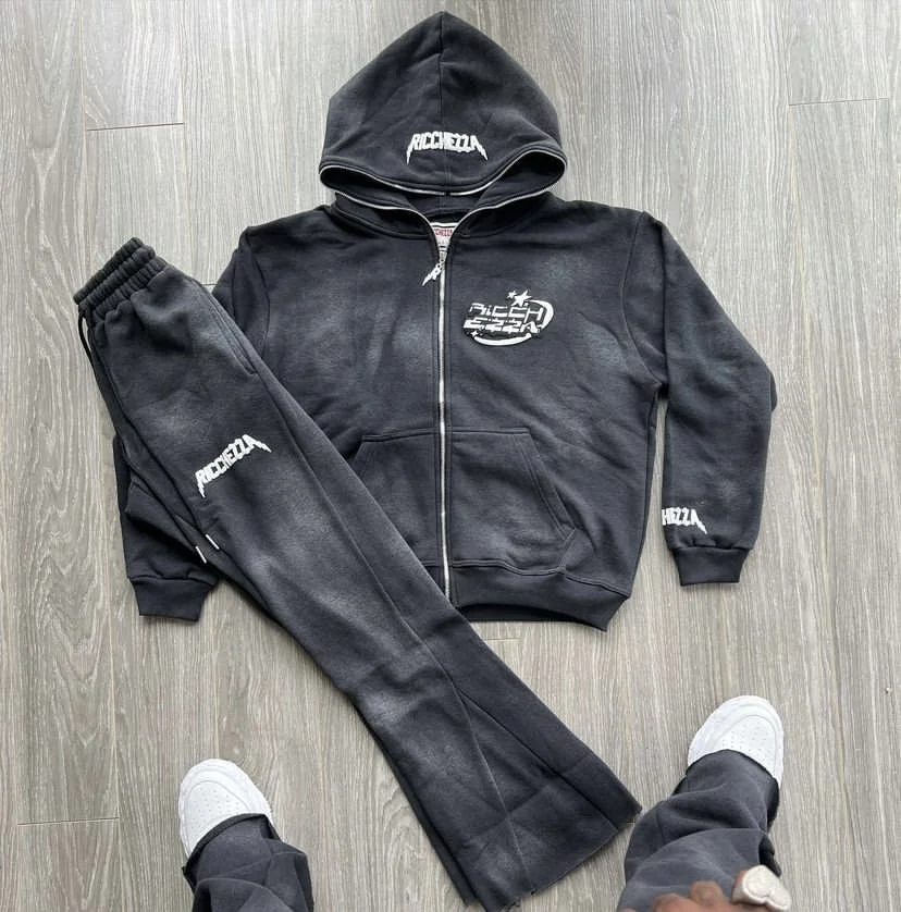 Collar Custom Hooded Women's Y2k Sweatshirt with Zip Up Design and Flare Sweatpants Set