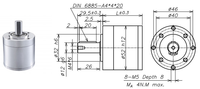 8000RPM High Precision Planetary Gearbox 52mm Length CCW Directions