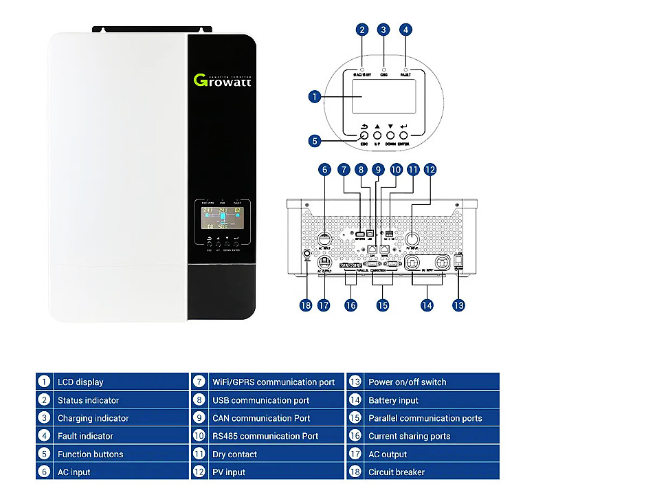 3000w 3500w 5000w Growatt Off Grid Inverter Single Phase SPF 3000-5000 ES