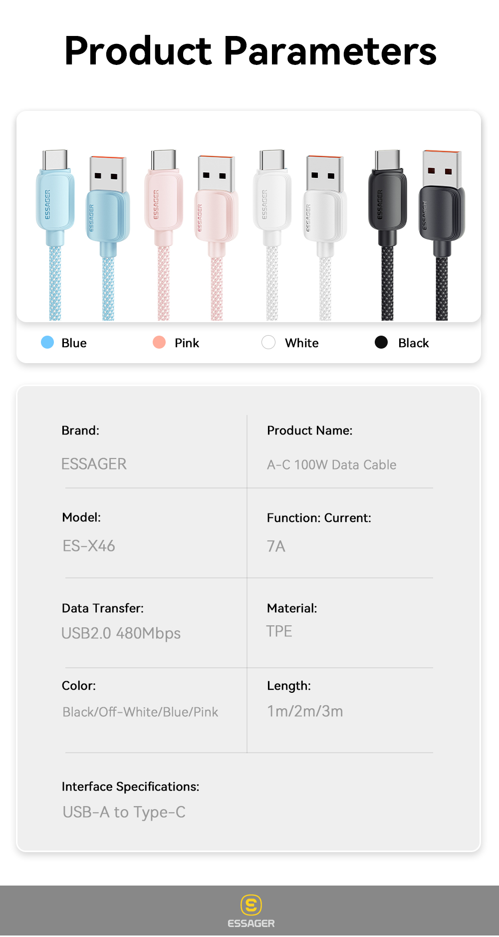 Nylon TPE Material A-C USB A To C Cable 100W ESSAGER ES-X46 Series