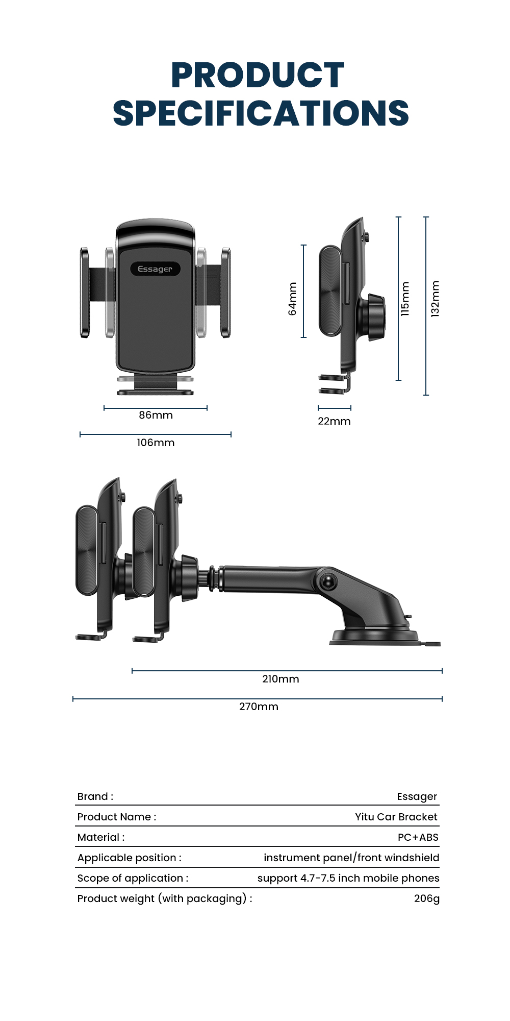 Long Arm Semi Automatic Cell Phone Stand Retractable For Car