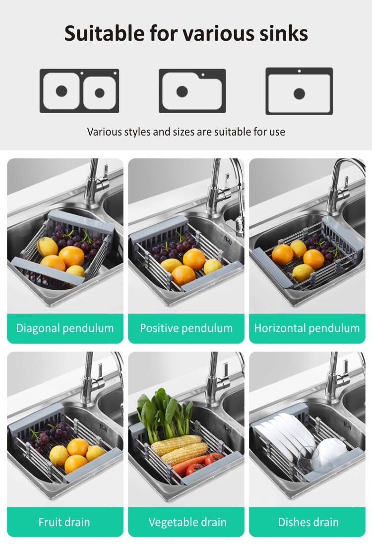 HOMES Stainless Steel Sink Accessory Adjustable Armrest Telescopic Kitchen Sink Drain Basket