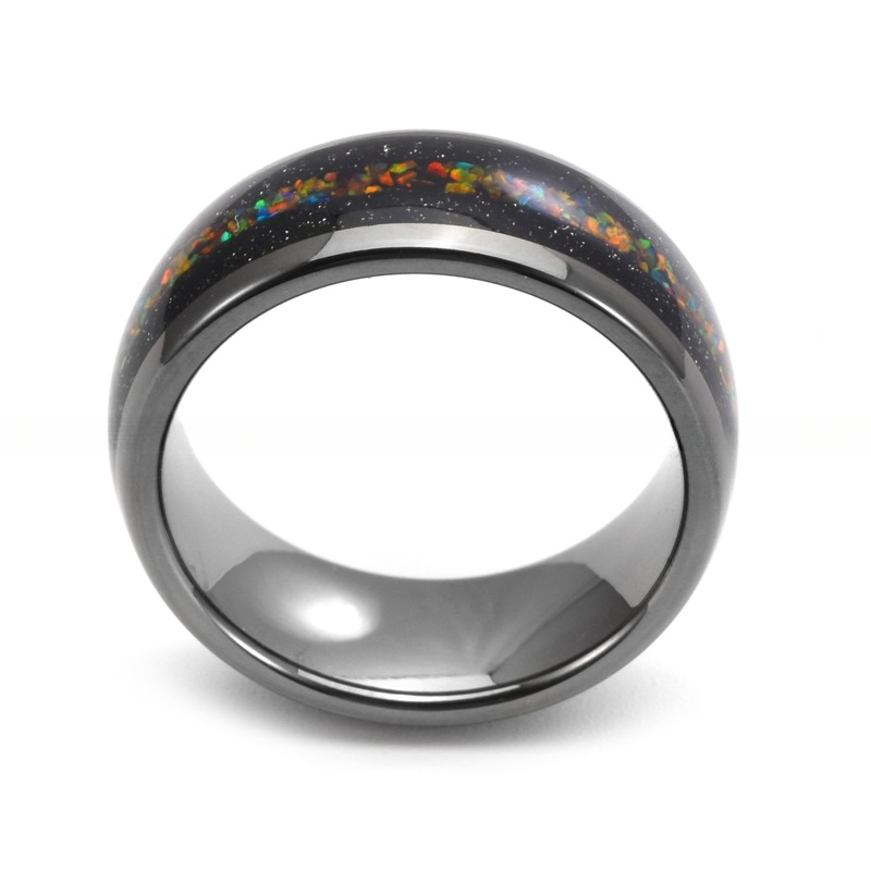 Silver 8mm Dome Nebula Rings Tungsten Colorful Opal Inlay Ring Blue Sandstone Inlay Galaxy Wedding Ring for Men