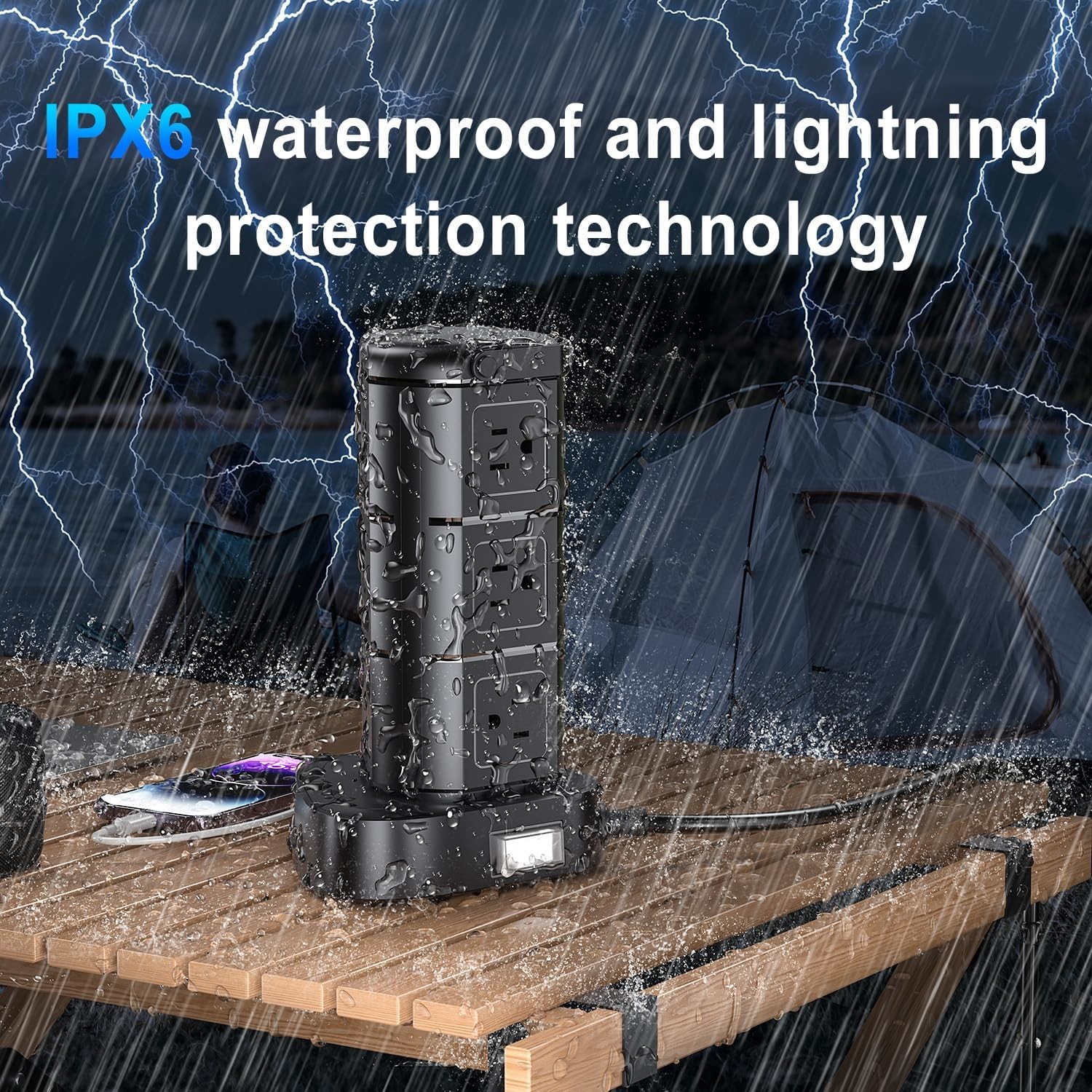 Tower RGB Power Strip Waterproof With 9 AC Outlets, 6ft Extension Cord