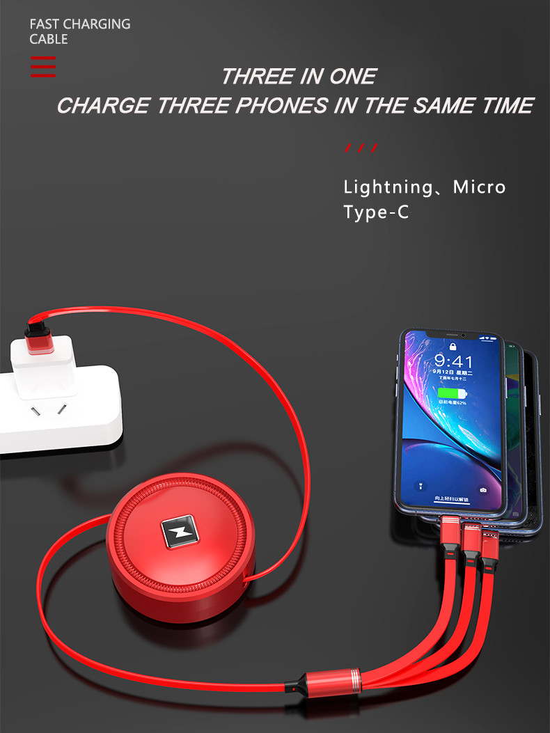 Multi Function 1.1m Three In One USB Cable Extendable Data Line