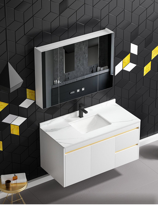 New White Design Bath Room Vanity Units Solid Surface Wash Basin Wooden Panel Bathroom Cabinet With Mirror
