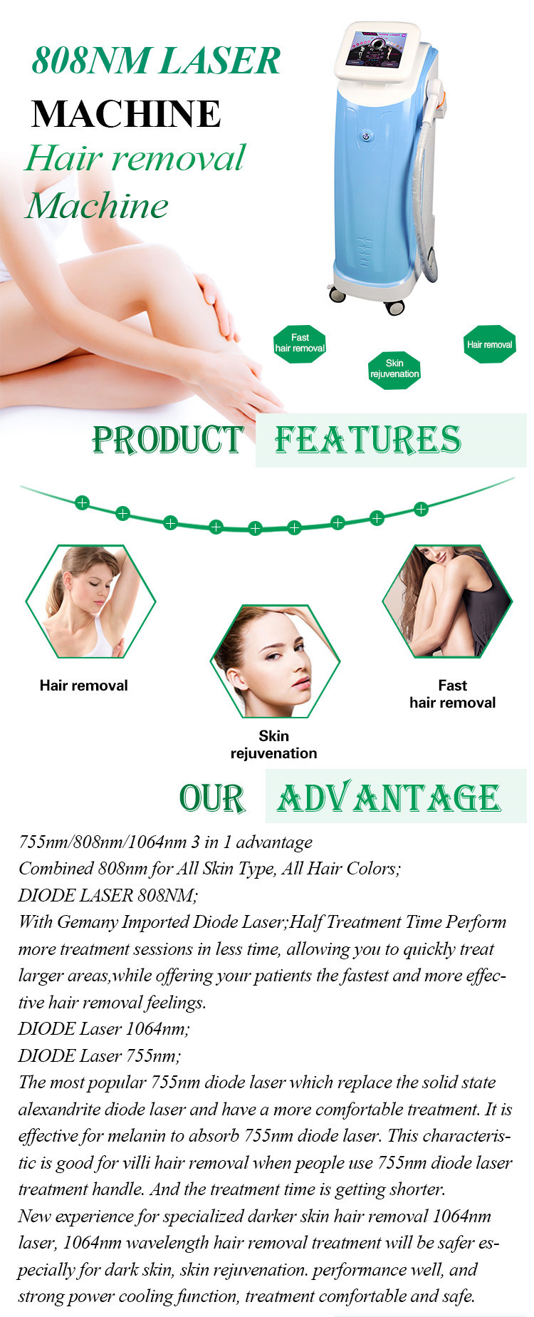 Vertical Diode Laser Hair Removal Machine Permanent Painless 808nm