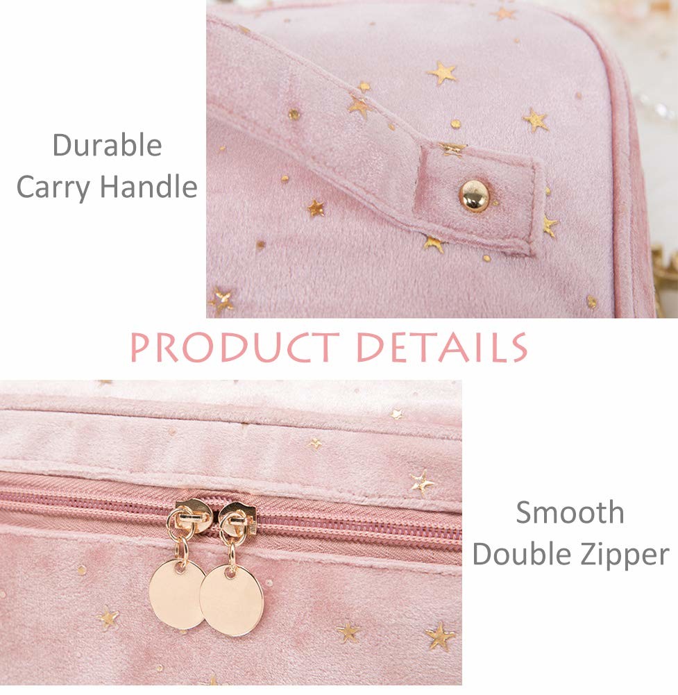 Velvet Makeup Bag with Handle Makeup Bag with Makeup Brush Holder Travel Makeup Bag Pink