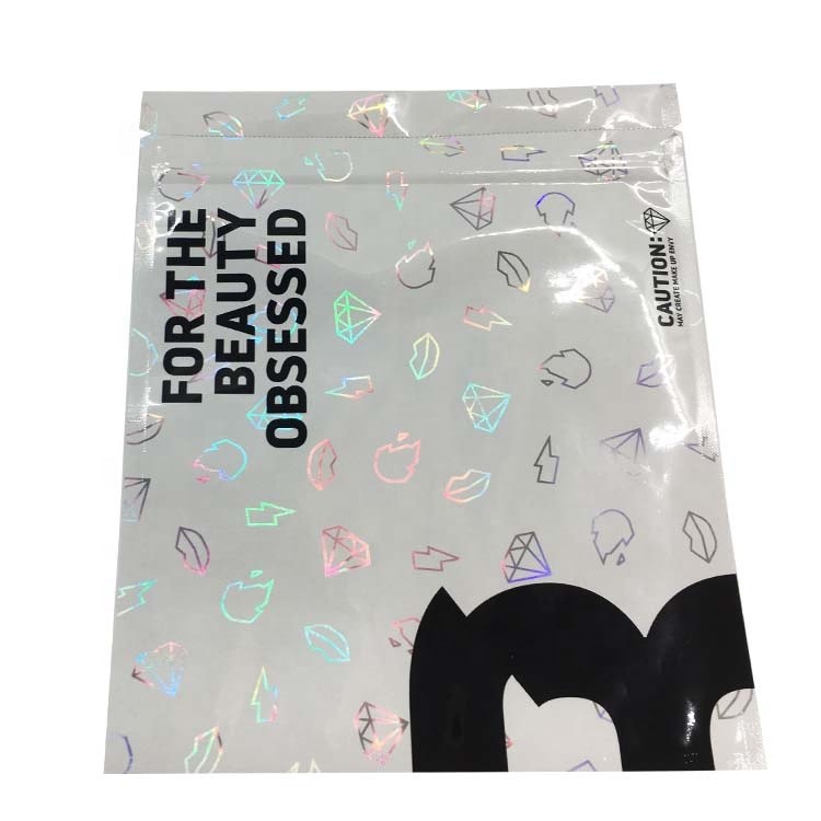 Holographic Compostable Aluminium Foil Three Side Seal Mylar Bag with Zipper and Window for Gifts or Cosmetics