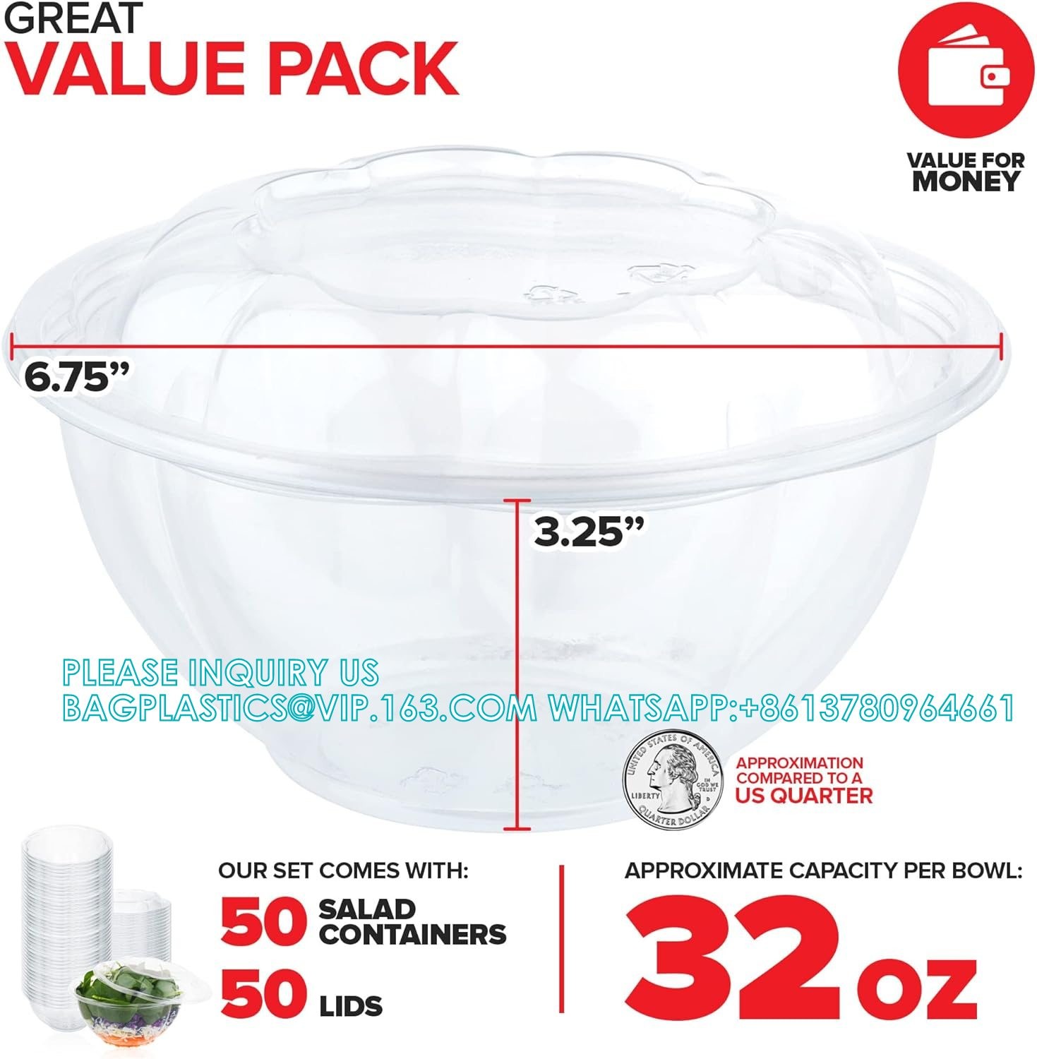 32oz Clear Plastic Salad Bowls With Lids Disposable (50 Pack) Medium Takeout Container With Snap On Lid For Fruit